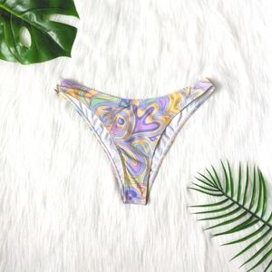 Abstract pattern purple green and yellow bikini bottom size L